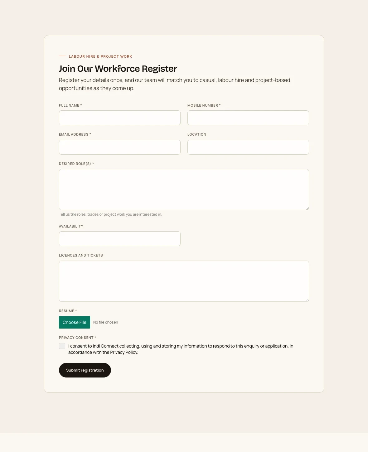 Online workforce registration form with résumé upload