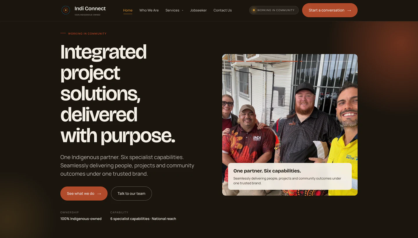 Finished INDI Connect homepage introducing the business and its integrated project solutions
