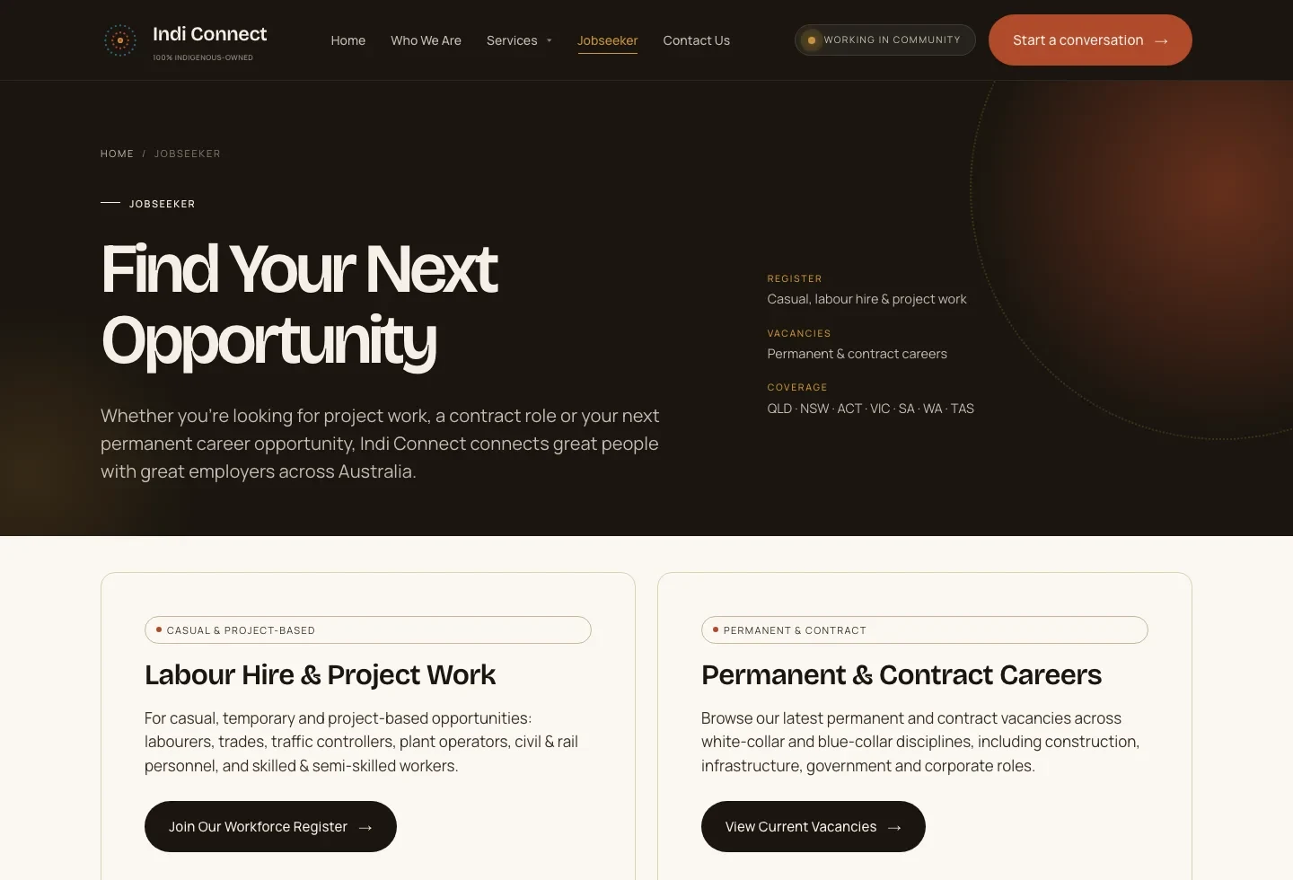 INDI Connect jobseeker page with clear paths for project work and permanent careers