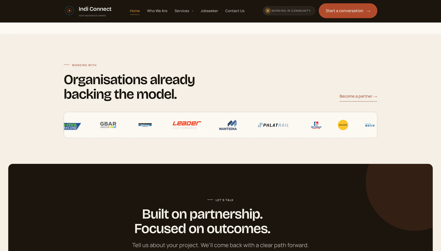 INDI Connect partner organisations followed by the finished website contact section