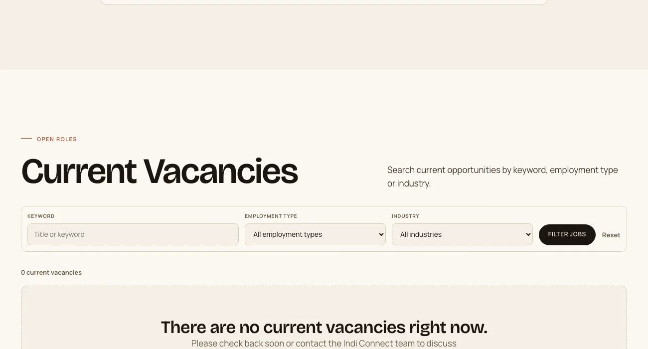 Search and filters for current INDI Connect vacancies