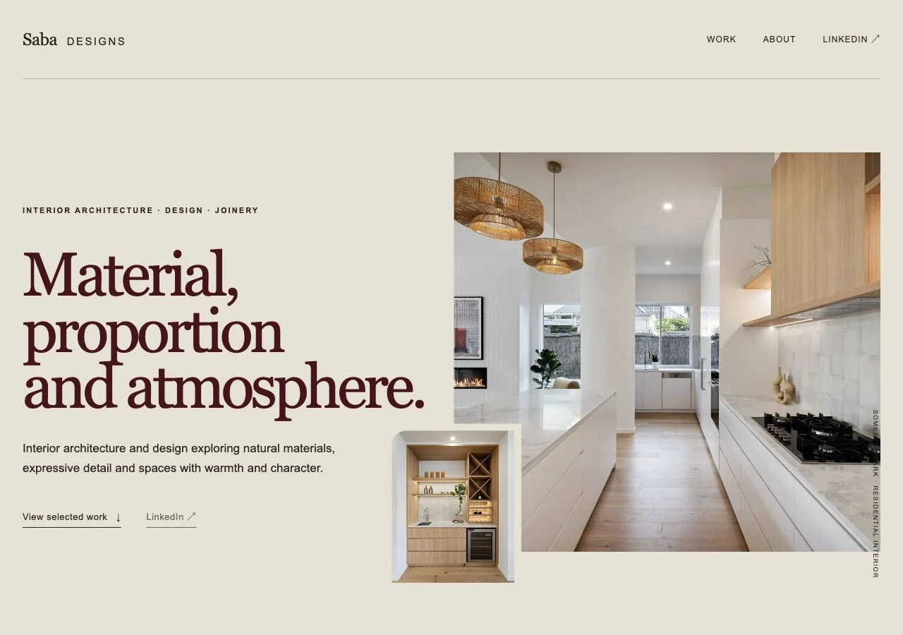 Saba Designs homepage with warm neutral tones, expressive typography and interior photography